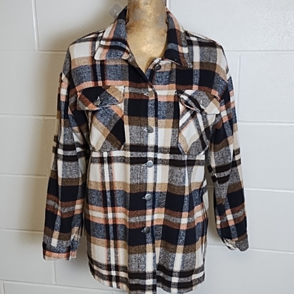 Plaid Thick Yarn Dyed Flannel Chore Coat Barn Jacket Navy Orange Tan Cream